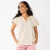 Petite Sonoma Goods For Life® Flutter Sleeve Y Neck Top -Sonoma Style Hub 5931515 Ecru Gingham